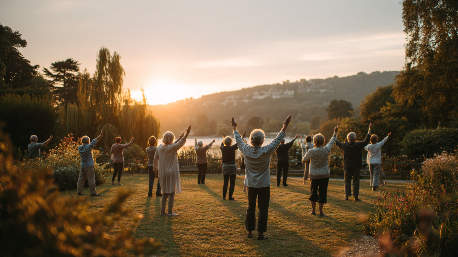 Grup de adulți maturi practicând exerciții ușoare în parc